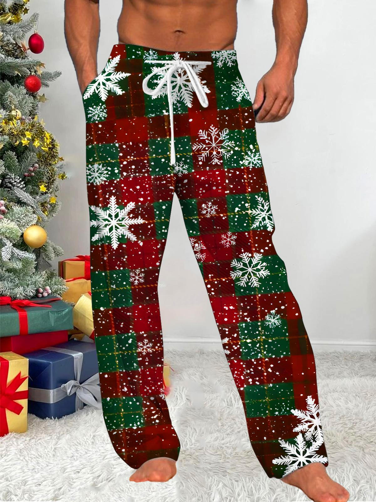 Christmas Snowflake Plaid Xmas Men's Casual Elastic Waist Pants