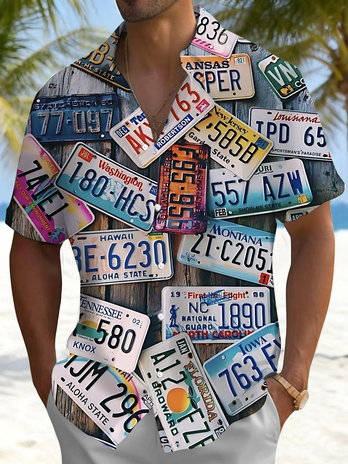 License Plate Print Men's Pocket Short Sleeve Shirts