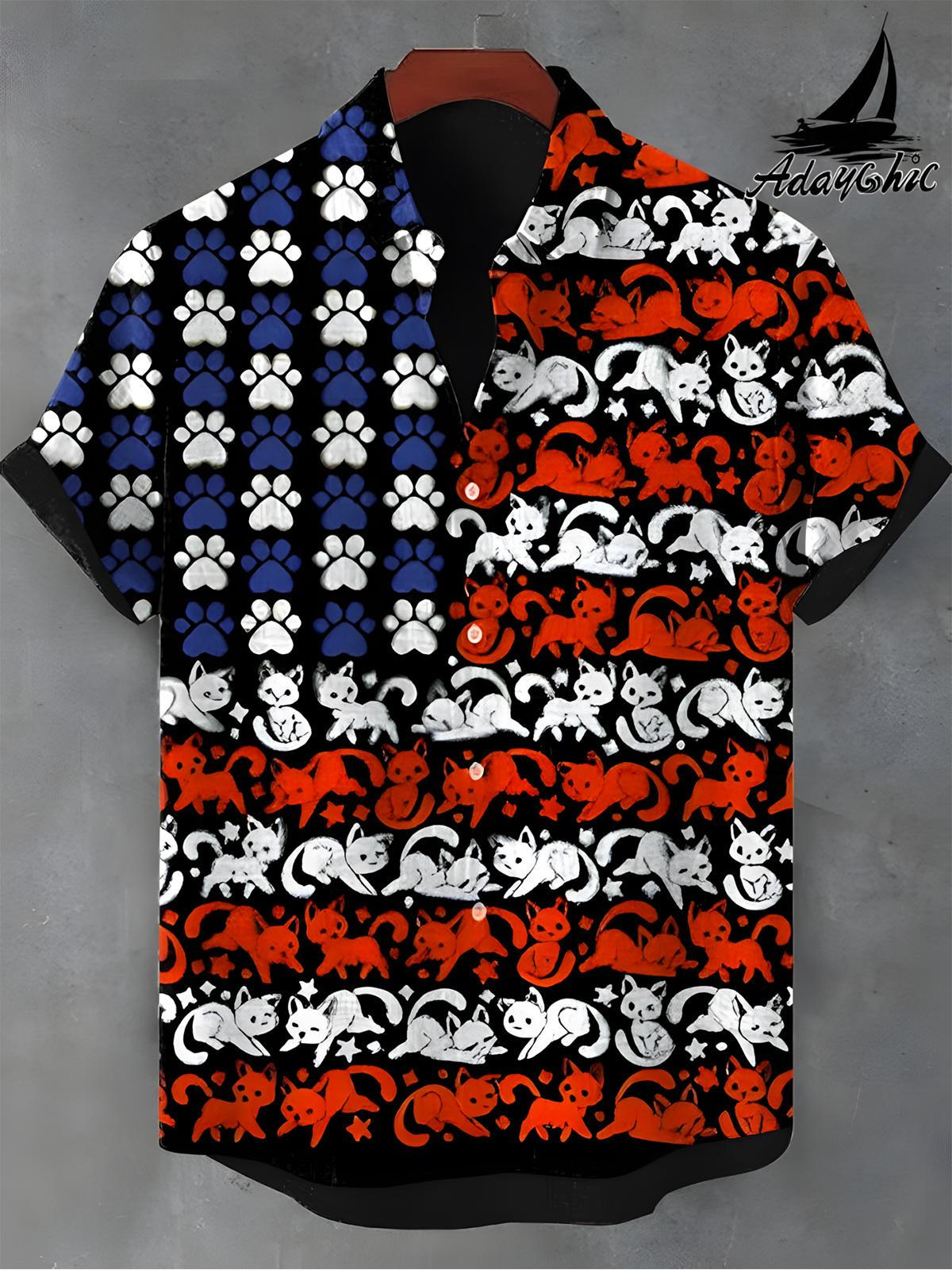 Cat Paw Flag Print Men's Pocket Short Sleeve Stand Collar Shirts