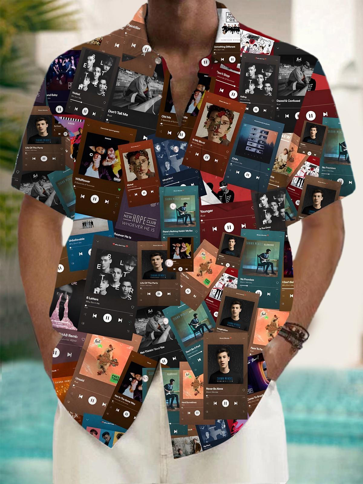 Music Print Men's Pocket Short Sleeve Shirts