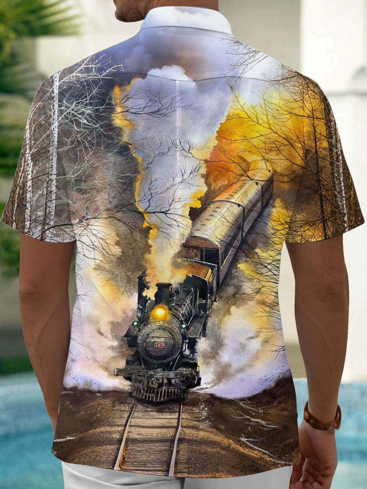 Train Print Men's Pocket Short Sleeve Shirts