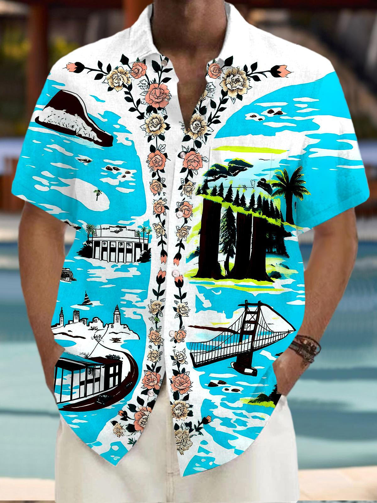 Hawaiian Floral Men's Pocket Short Sleeve Shirts