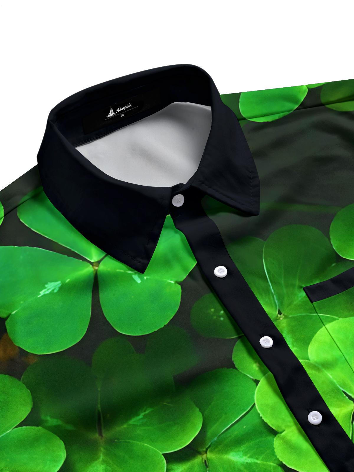 Four Leaf Clover Print Men's Pocket Long Sleeve Shirts