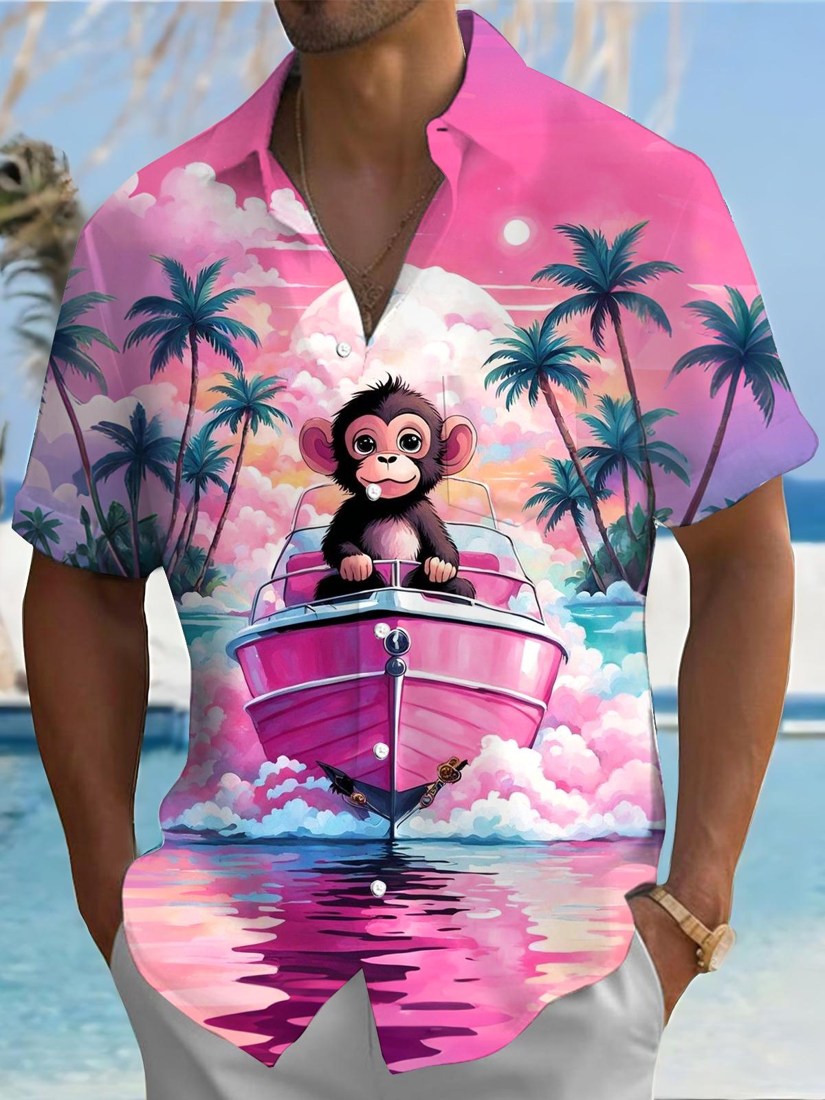 Hawaiian Monkey Coconut Print Men's Pocket Short Sleeve Shirts