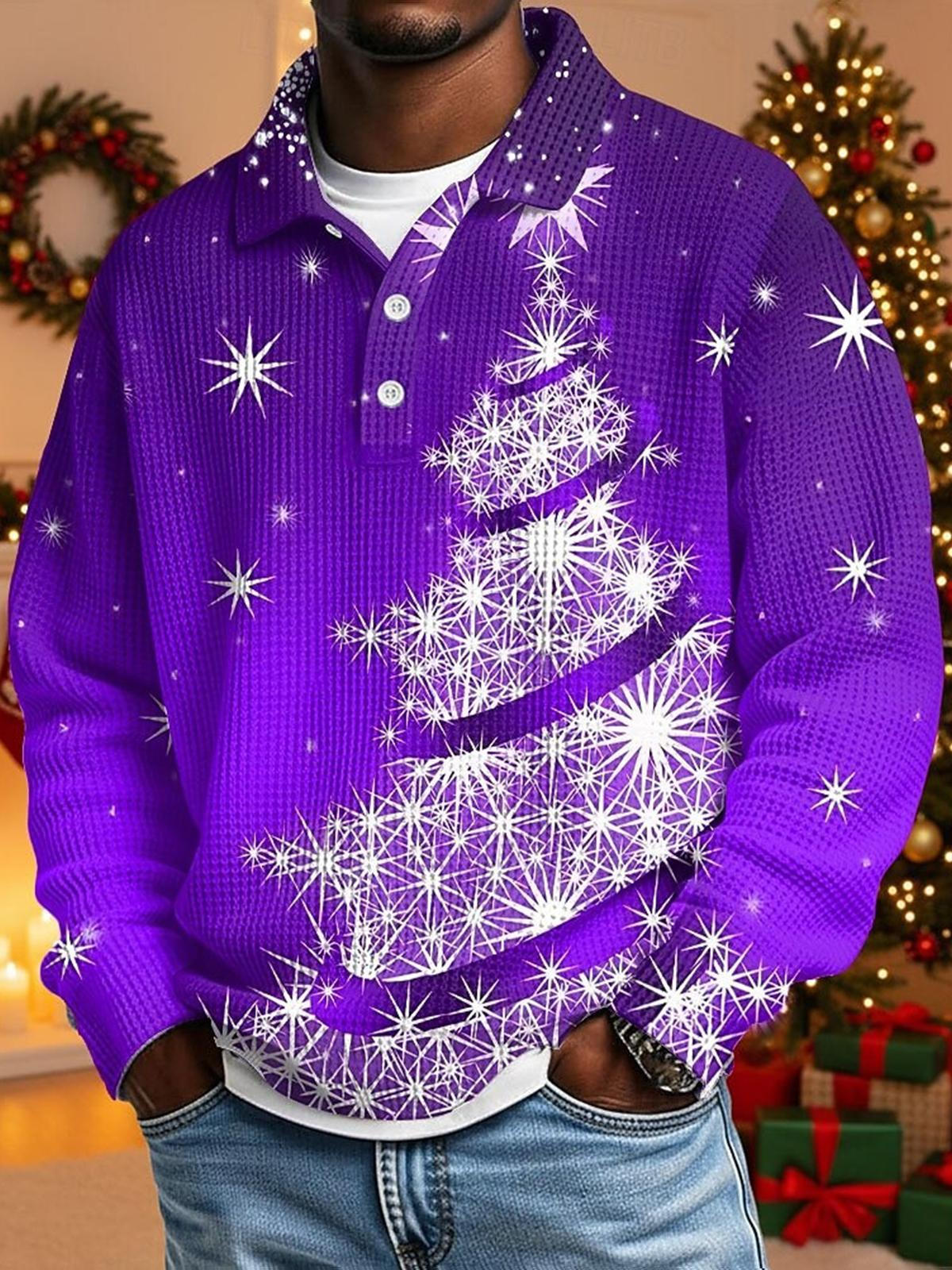 Christmas Tree Print Men's Long Sleeve Button Polo
