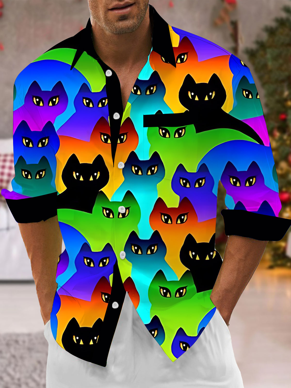 Colorful Cat Print Men's Pocket Long Sleeve Shirts