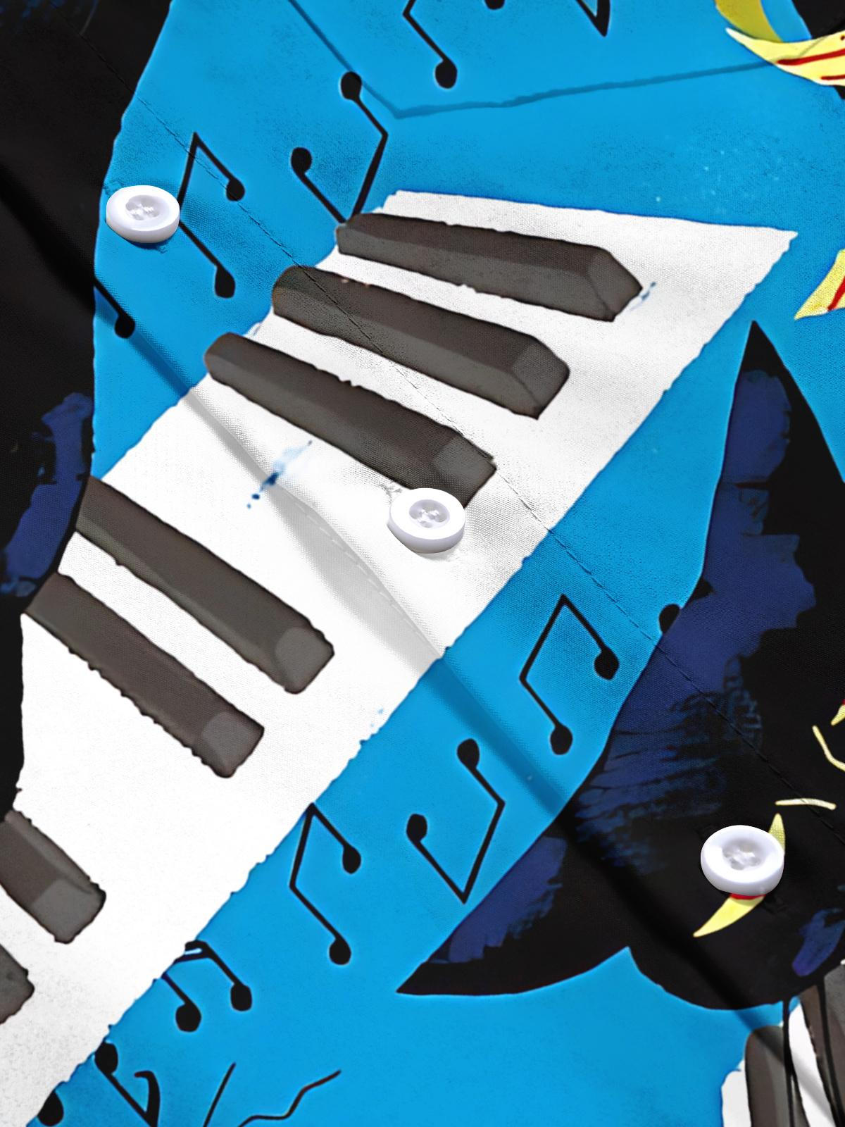 Funny Cat Piano Print Men's Pocket Long Sleeve Shirts