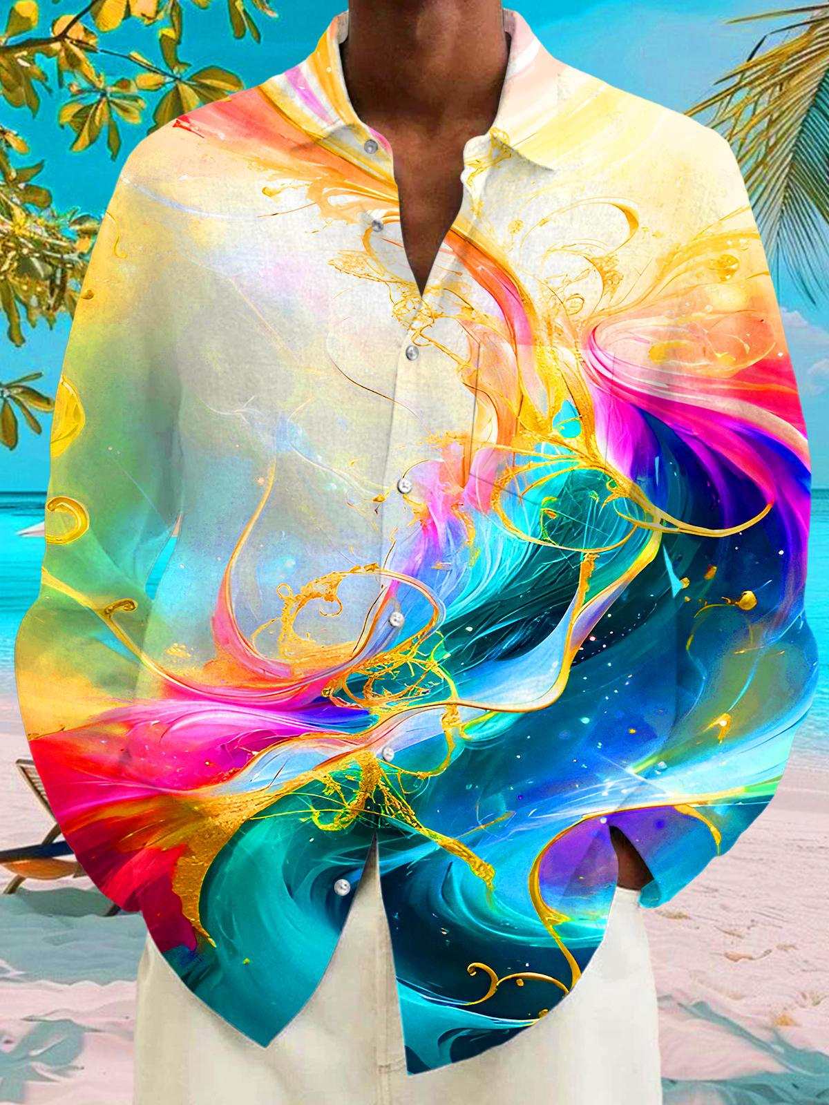 Rainbow Molten Gold Fluid Art Men's Pocket Long Sleeve Shirts