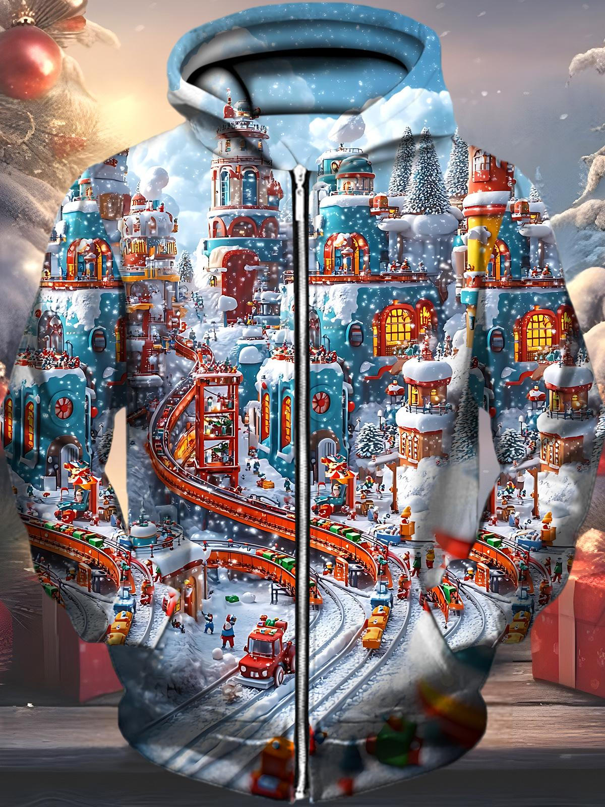 Winter Snow Scene Print Men's Pocket Long Sleeve Zip Up Hoodies