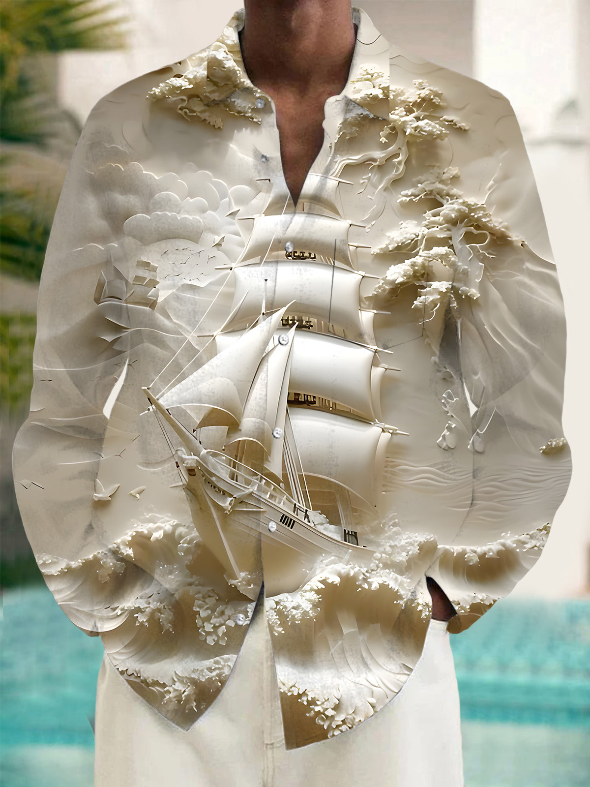 Boat Art Print Men's Pocket Long Sleeve Shirts