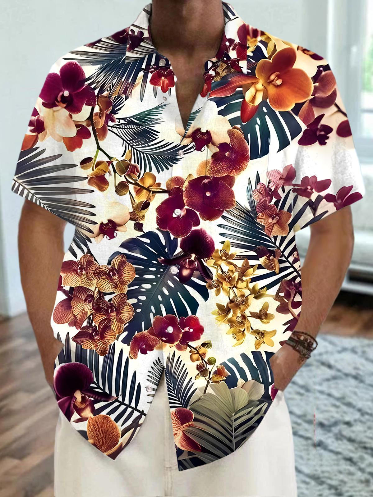 Hawaiian Floral Leaf Men's Pocket Short Sleeve Shirts