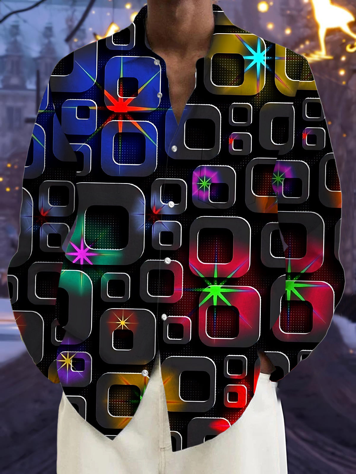 Geometric Print Men's Pocket Long Sleeve Shirts