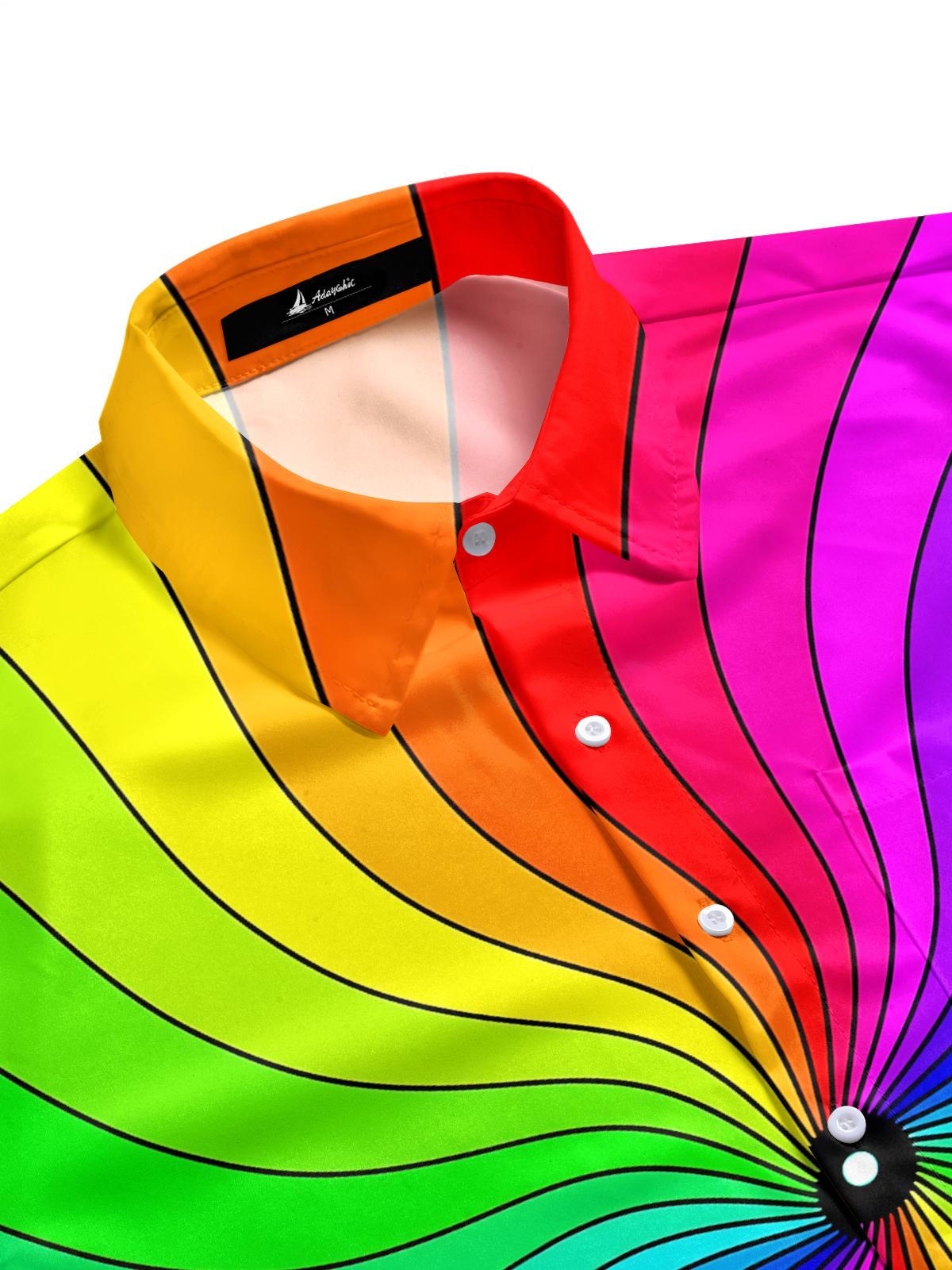Rainbow Line Print Men's Pocket Short Sleeve Shirts