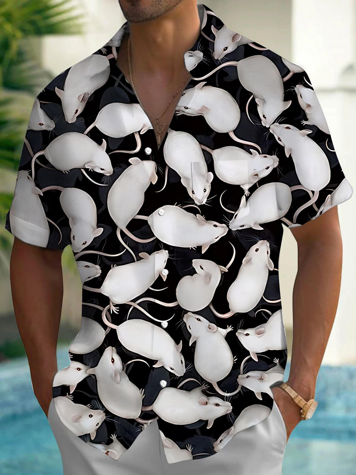 White Mouse Print Men's Pocket Short Sleeve Shirts