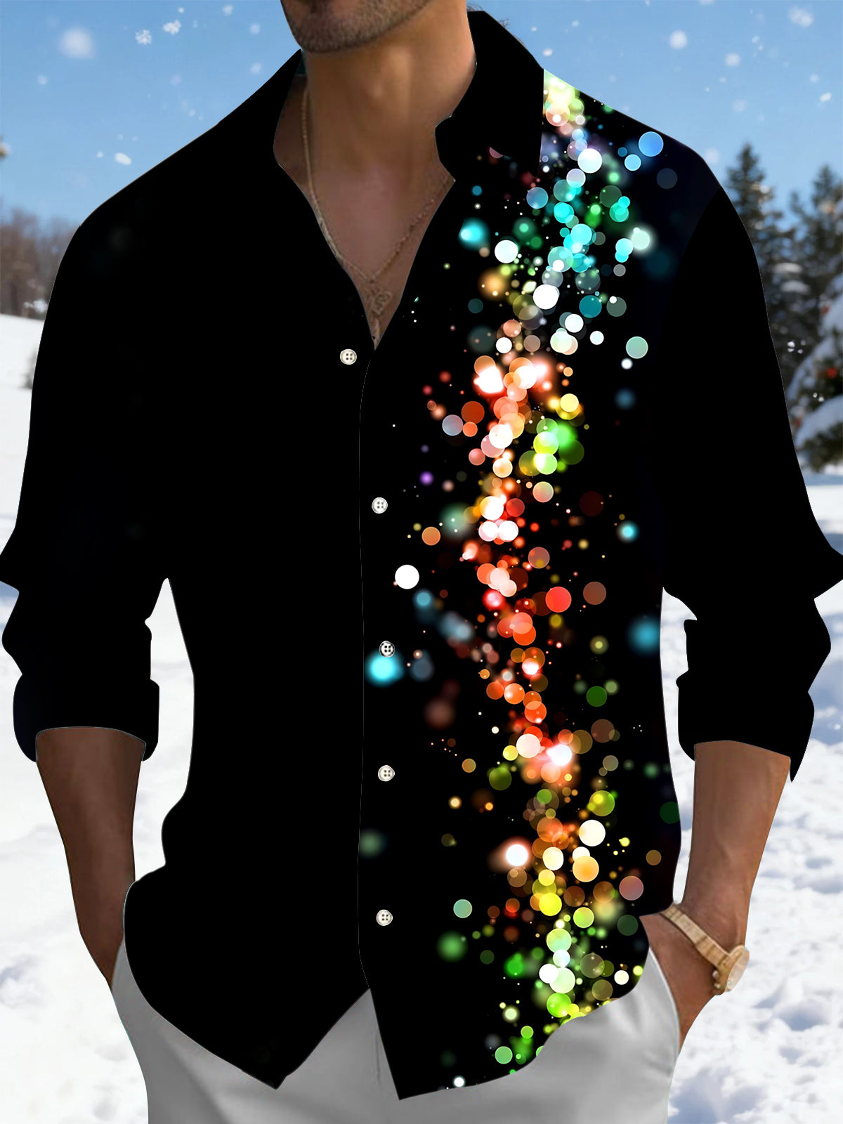 Colorful Light Spot Print Men's Pocket Long Sleeve Shirts