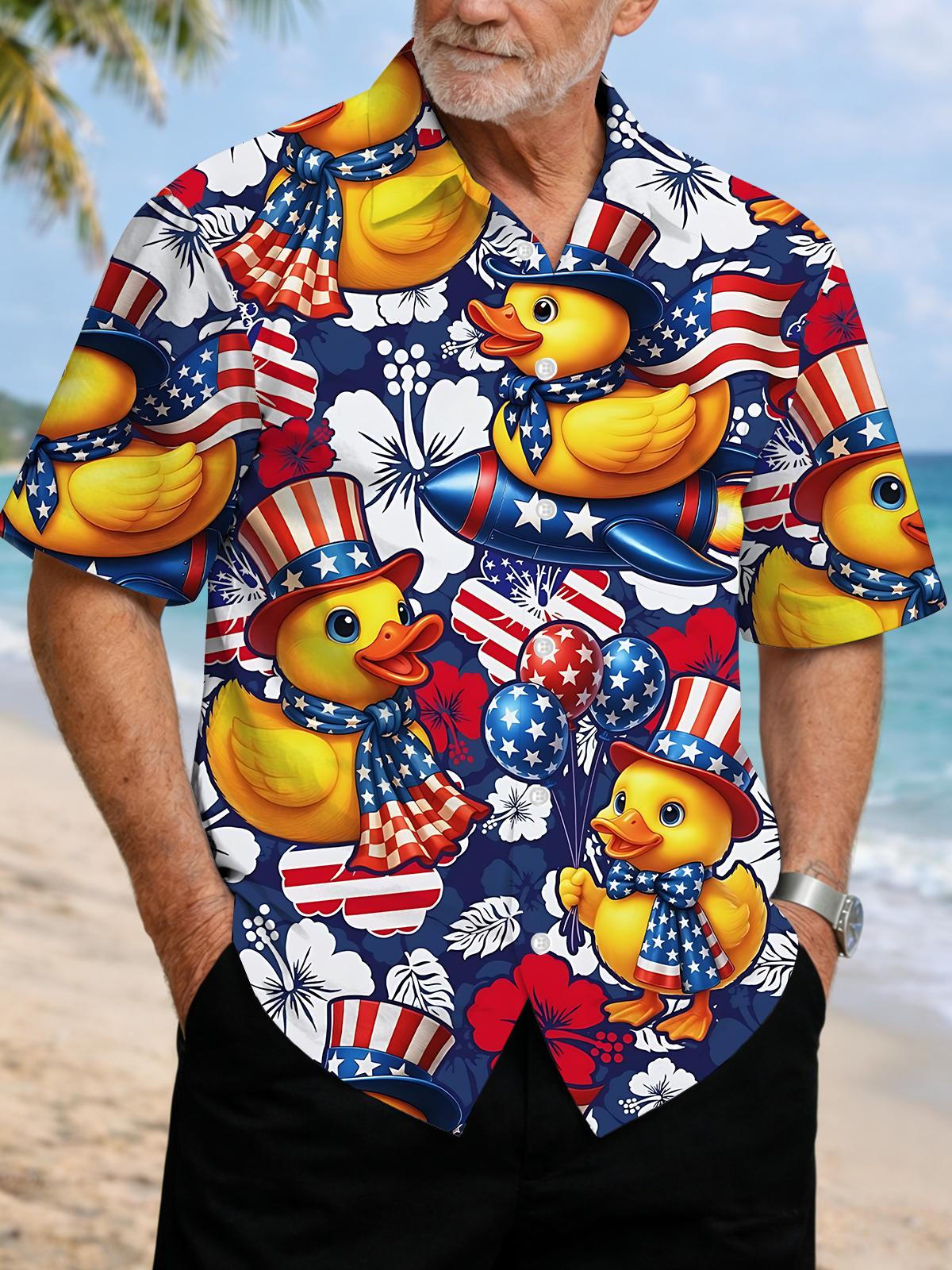 Yellow Duck American Flag Print Men's Pocket Short Sleeve Shirts