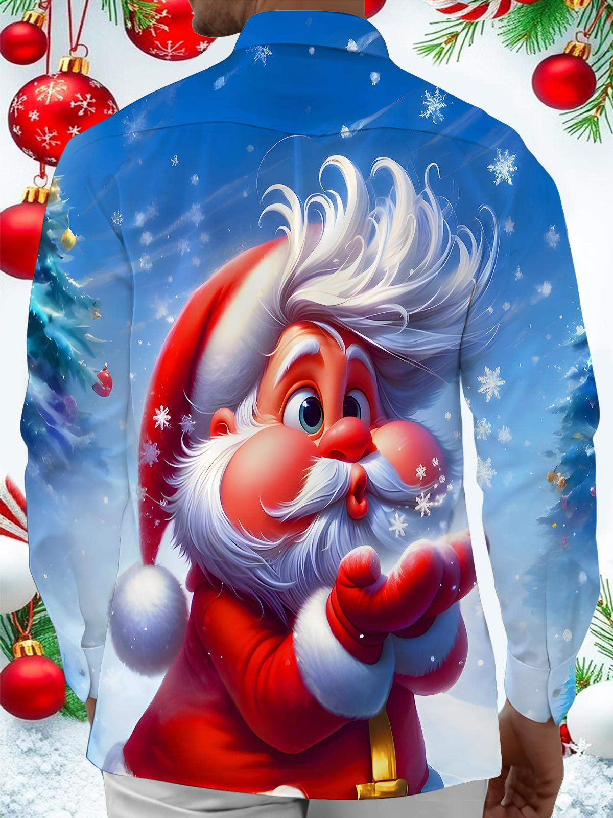 Funny Santa Claus Blowing Snowflakes Xmas Men's Pocket Long Sleeve Shirts