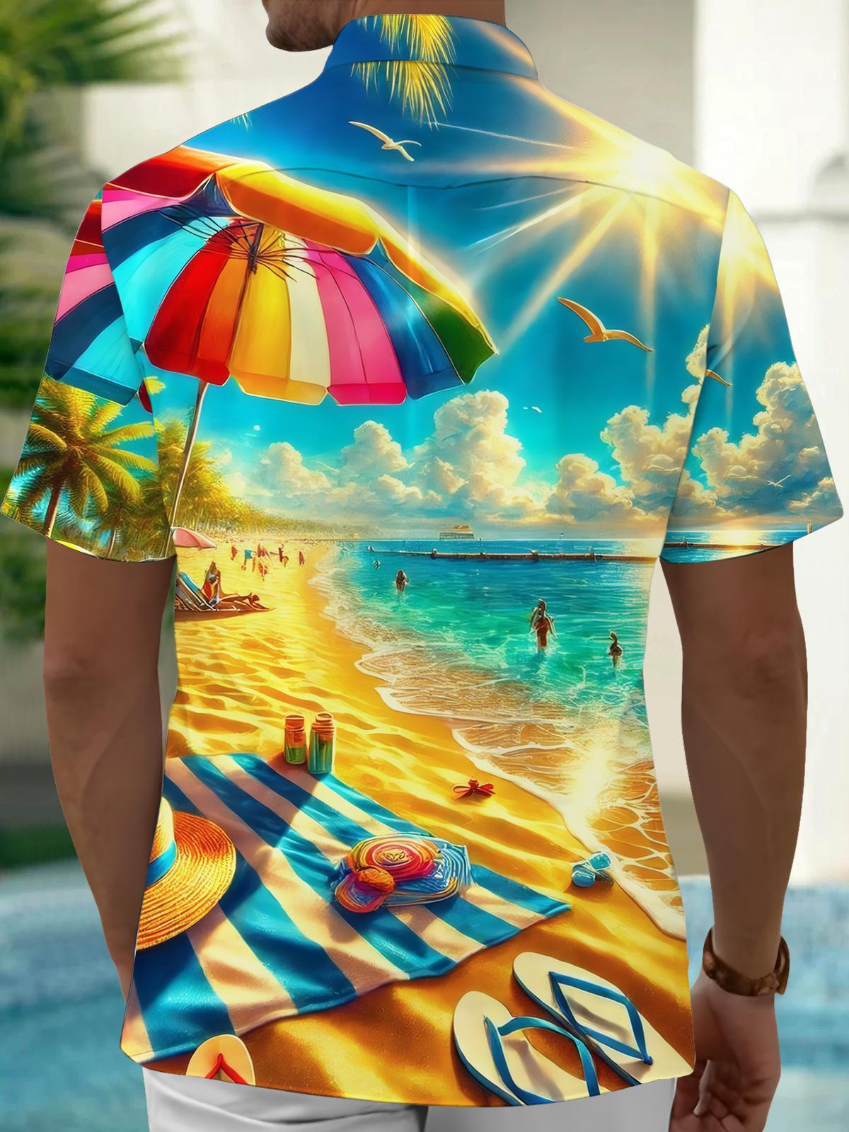 Hawaiian Beach Print Men's Pocket Short Sleeve Shirts