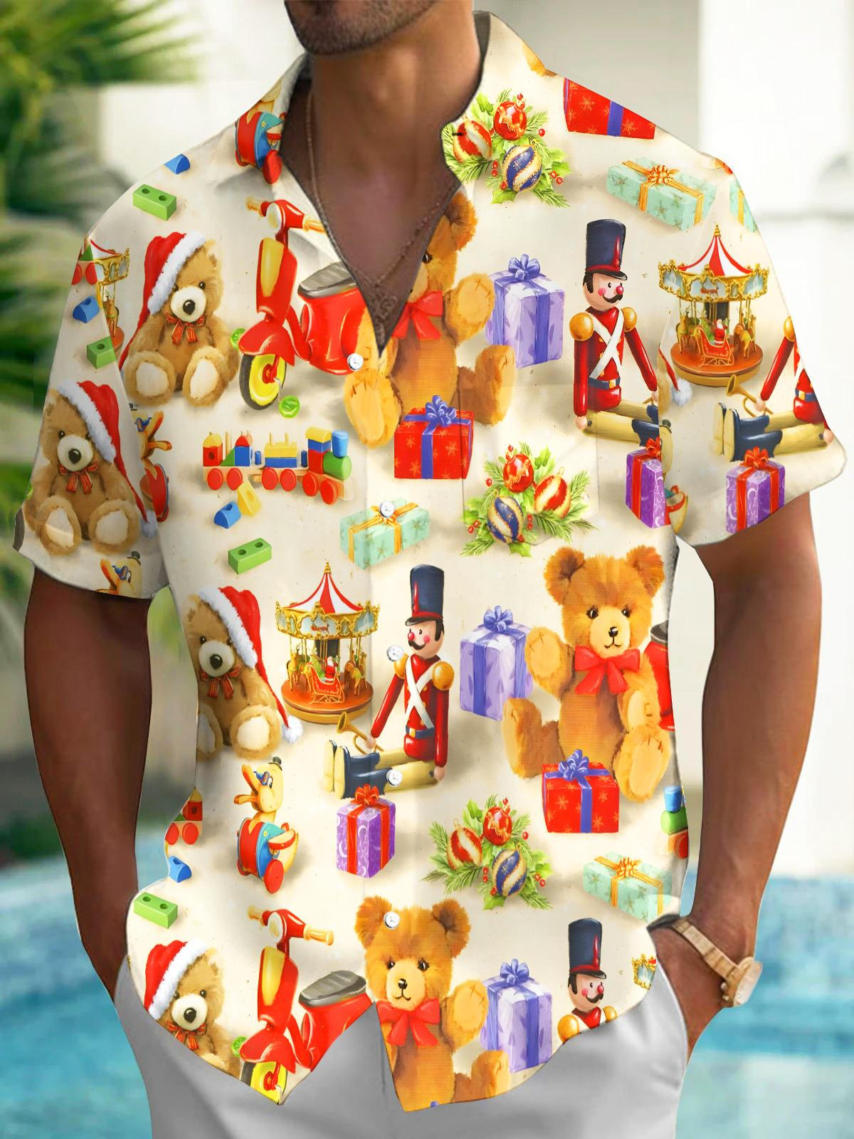 Fun Christmas Plush Bear Toy Gift Xmas Men's Pocket Short Sleeve Shirts