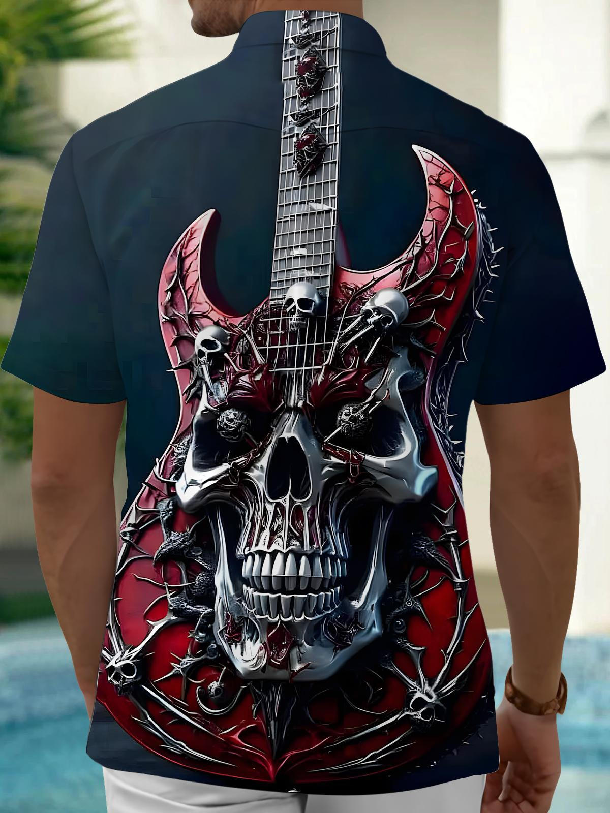 Skull Guitar Print Men's Pocket Short Sleeve Shirts