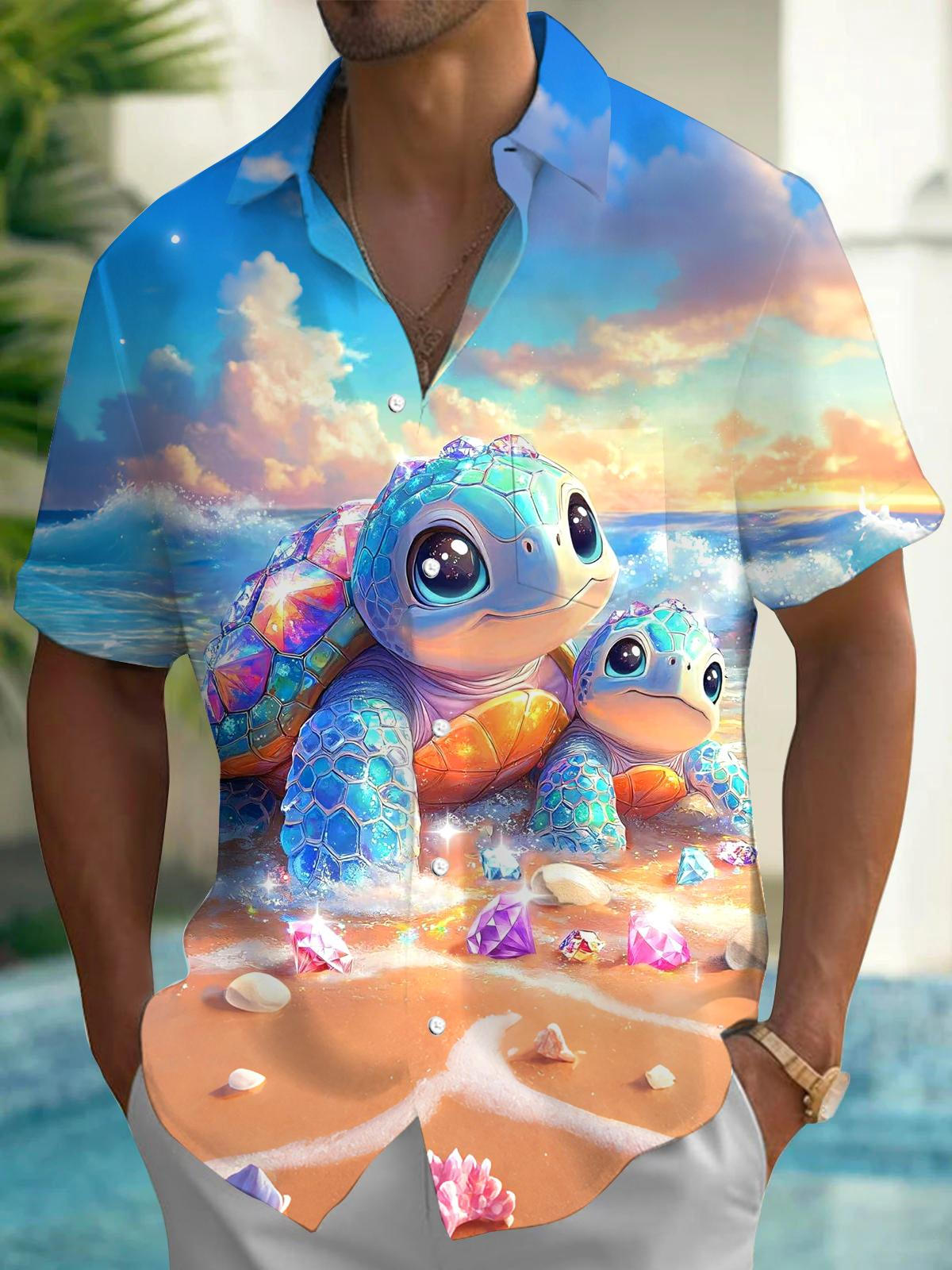 Turtle Print Men's Pocket Short Sleeve Shirts