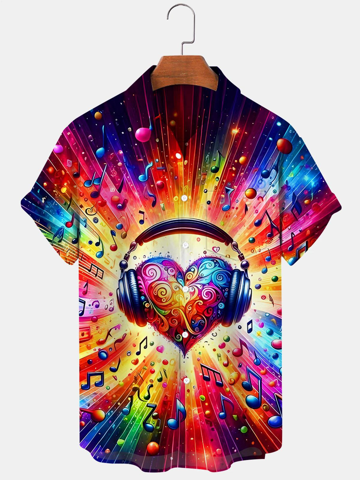 Heart Headphones Musical Note Men's Pocket Short Sleeve Shirts