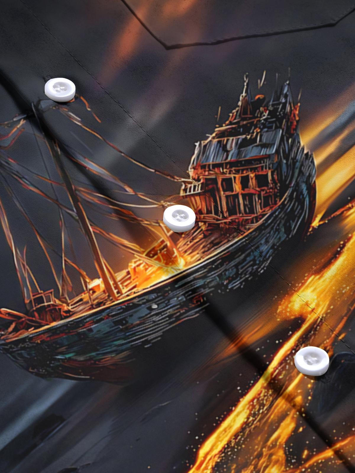 Ship Moon Print Men's Pocket Short Sleeve Shirts