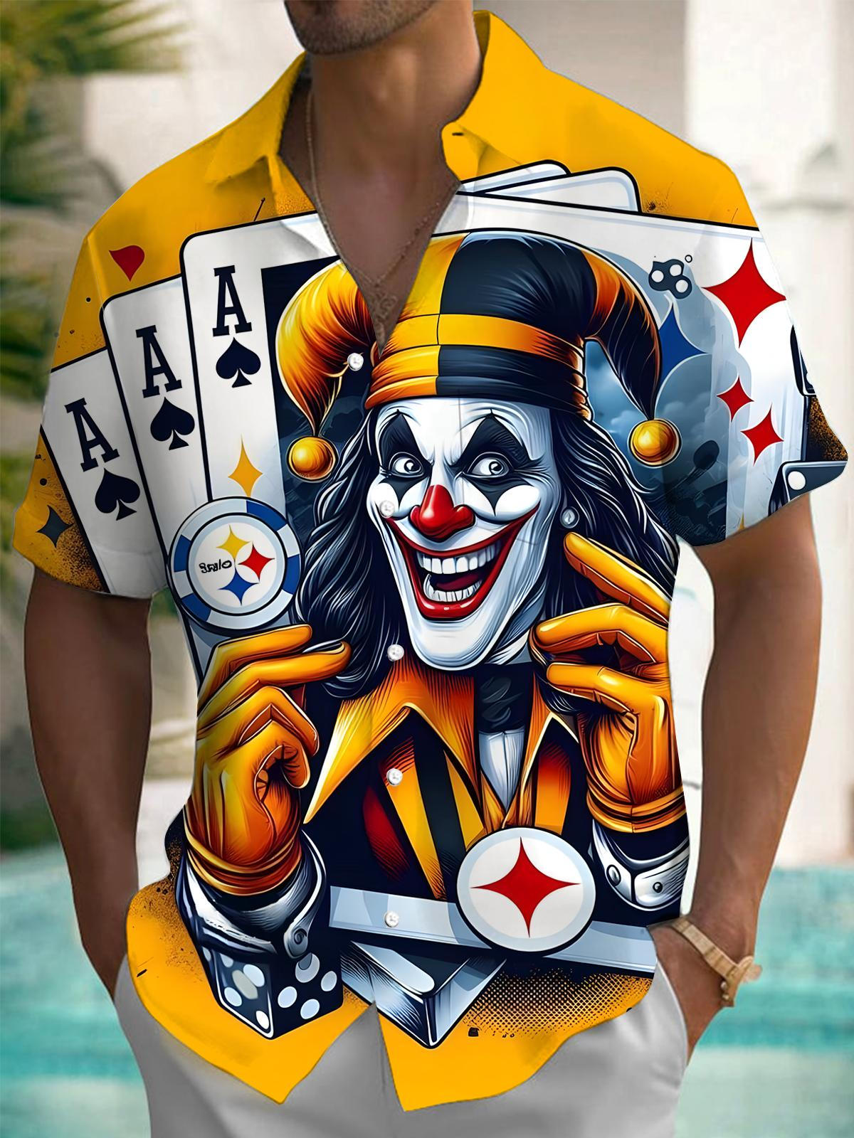Fun Poker Clown Print Men's Pocket Short Sleeve Shirts