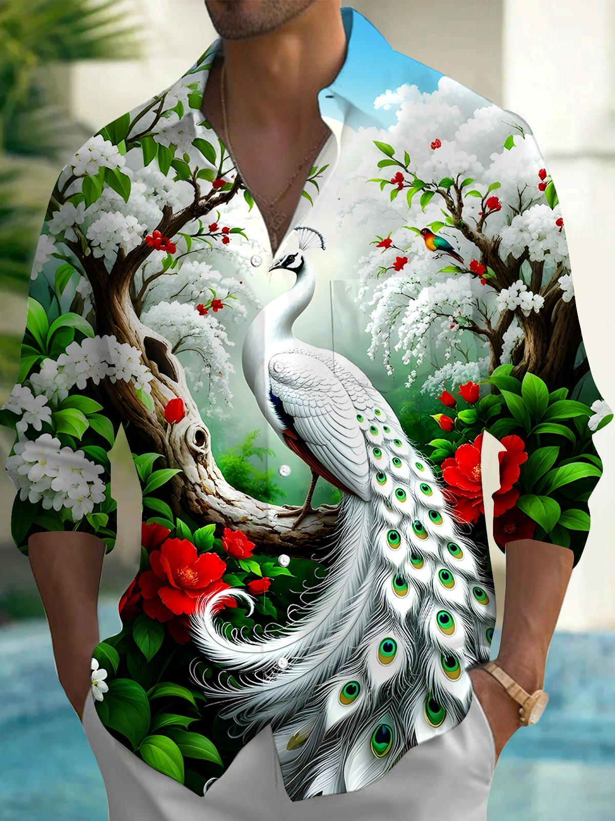 Peacock Floral Men's Pocket Long Sleeve Shirts