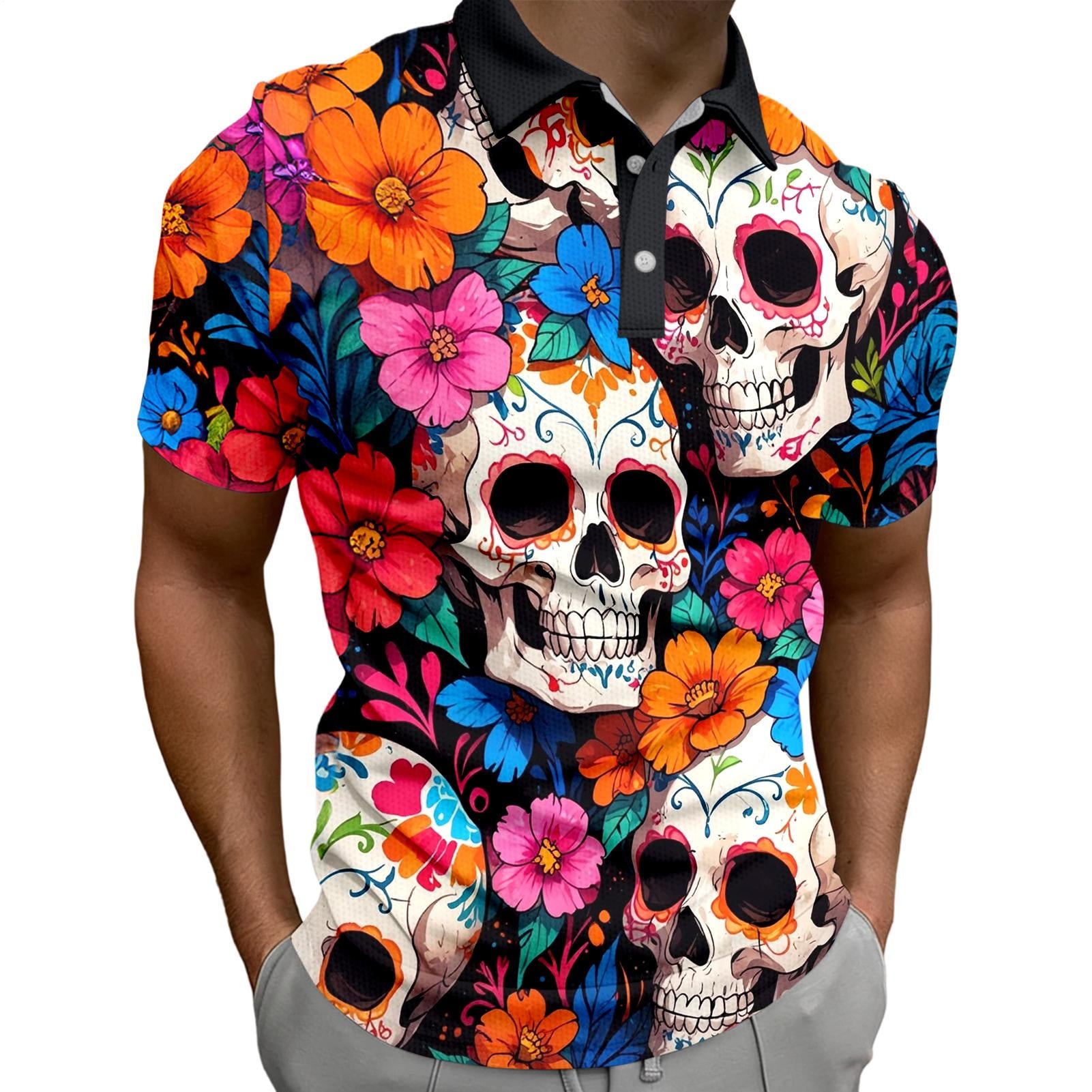 Skull Collared Tee Shirt for Men Waffle Floral Summer Short Sleeve Fashion Button Graphic Tee Shirt for Beach consistent