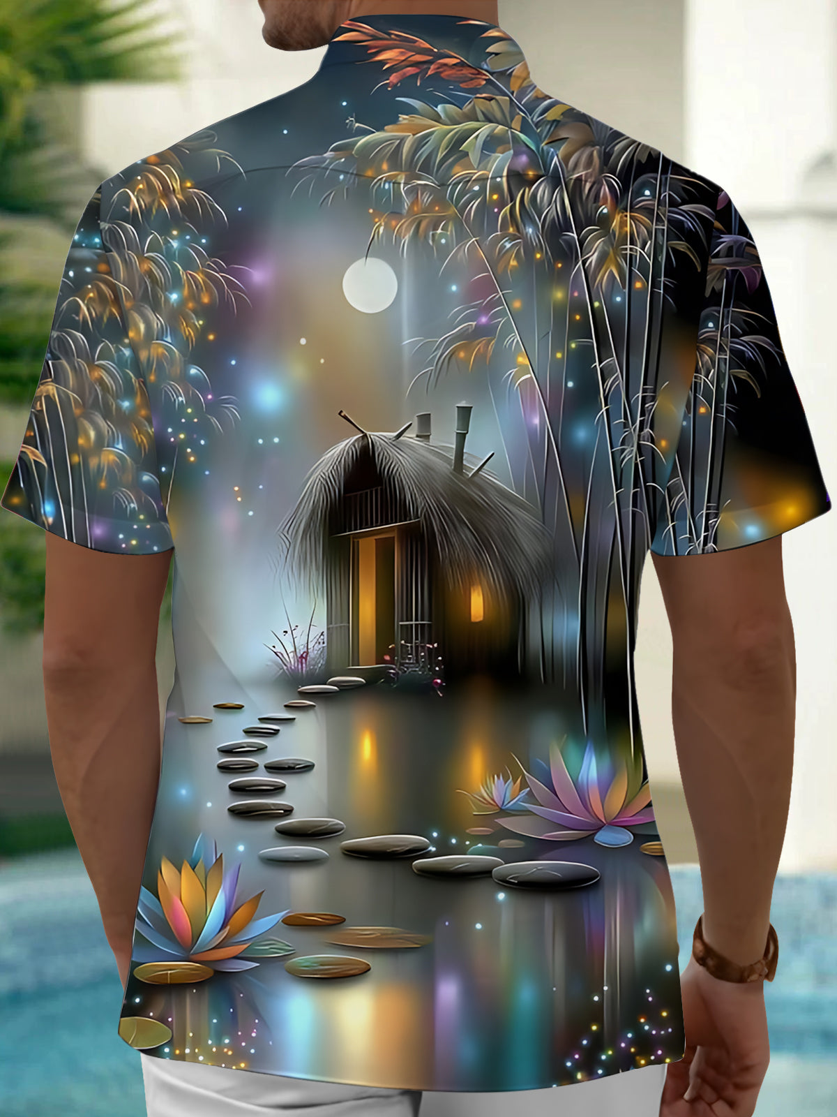 Bamboo Forest Grass House Art Print Men's Pocket Short Sleeve Shirts