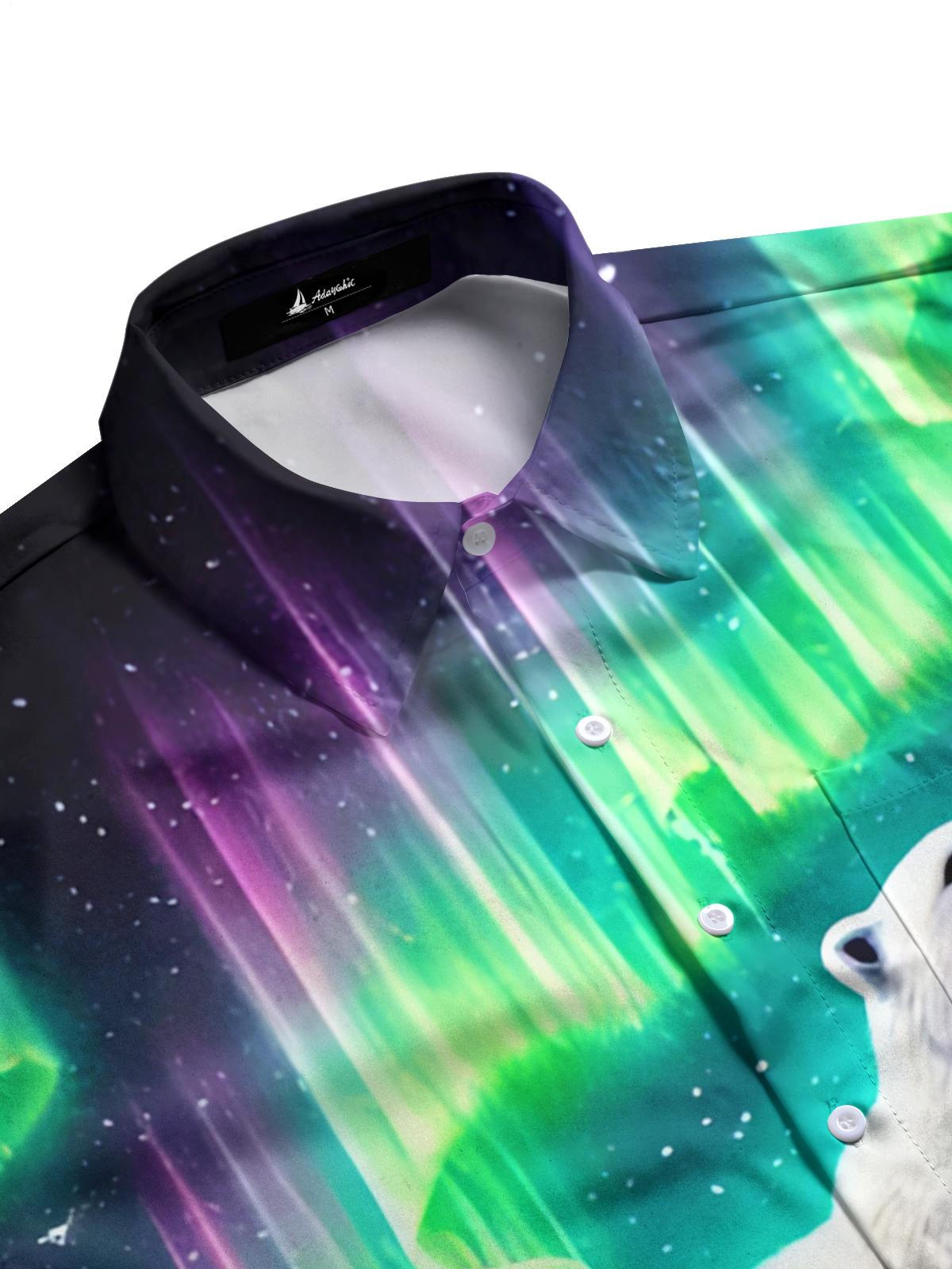 Polar Bear Aurora Snow Scene Print Men's Pocket Short Sleeve Shirts
