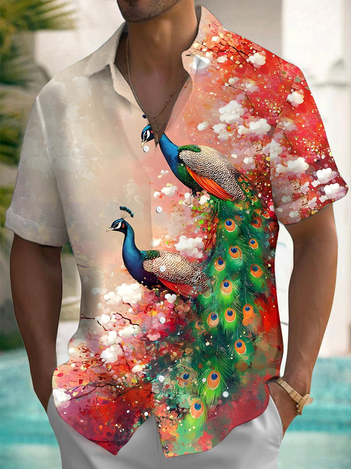 Peacock Floral Print Men's Pocket Short Sleeve Shirts