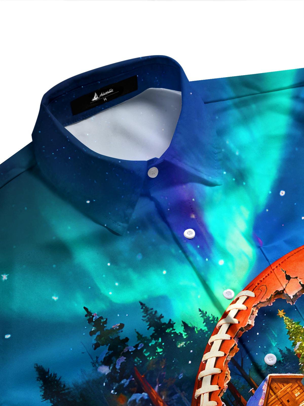 Winter Snow Scene Aurora Borealis Rugby Ball Christmas Tree Houses Men's Pocket Long Sleeve Shirts