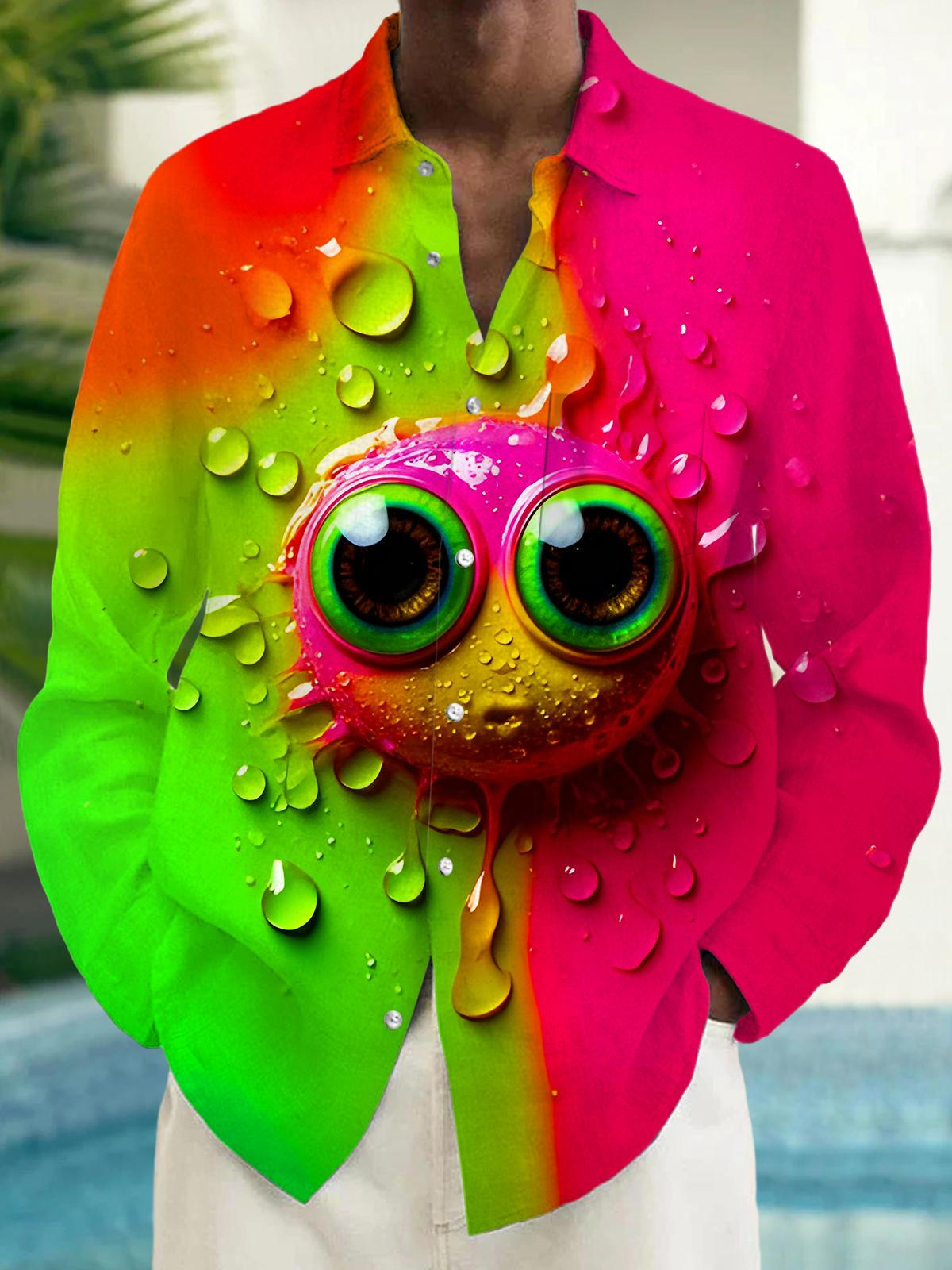 Funny Cartoon Expression Gradient Water Droplets Men's Pocket Long Sleeve Shirts