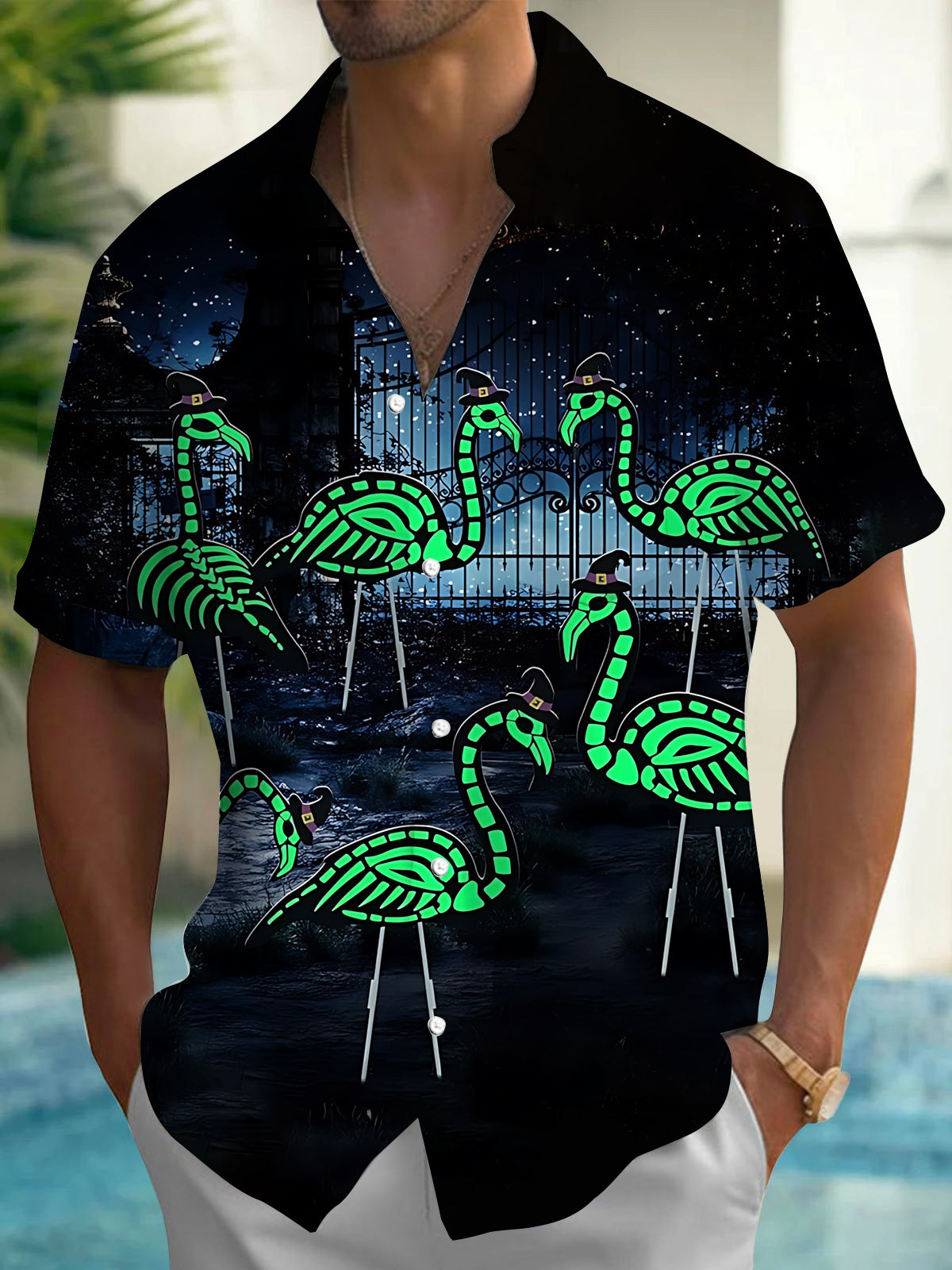 St. Patrick's Day Flamingo Print Men's Pocket Short Sleeve Shirts