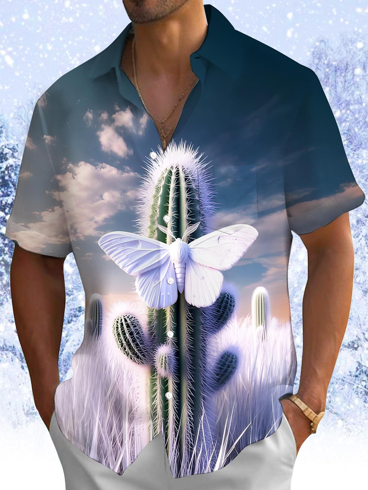 Winter Cactus Butterfly Men's Pocket Short Sleeve Shirts