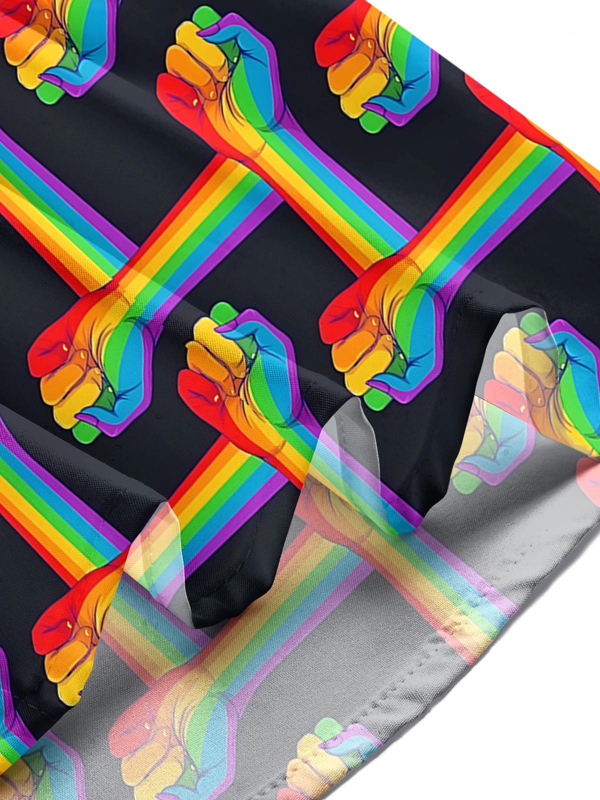 Rainbow Striped Fist Print Men's Pocket Short Sleeve Shirts