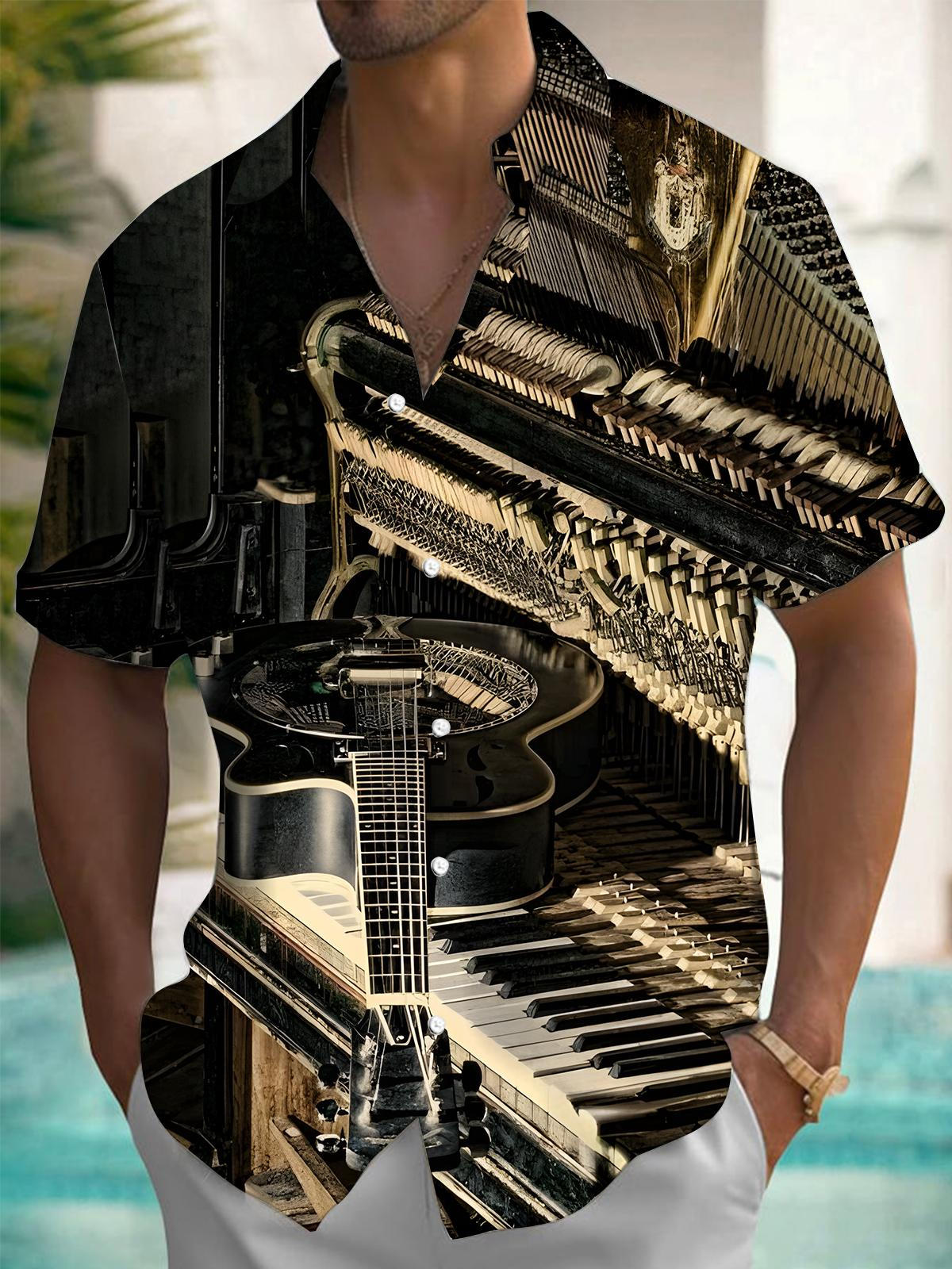 Piano Print Men's Pocket Short Sleeve Shirts