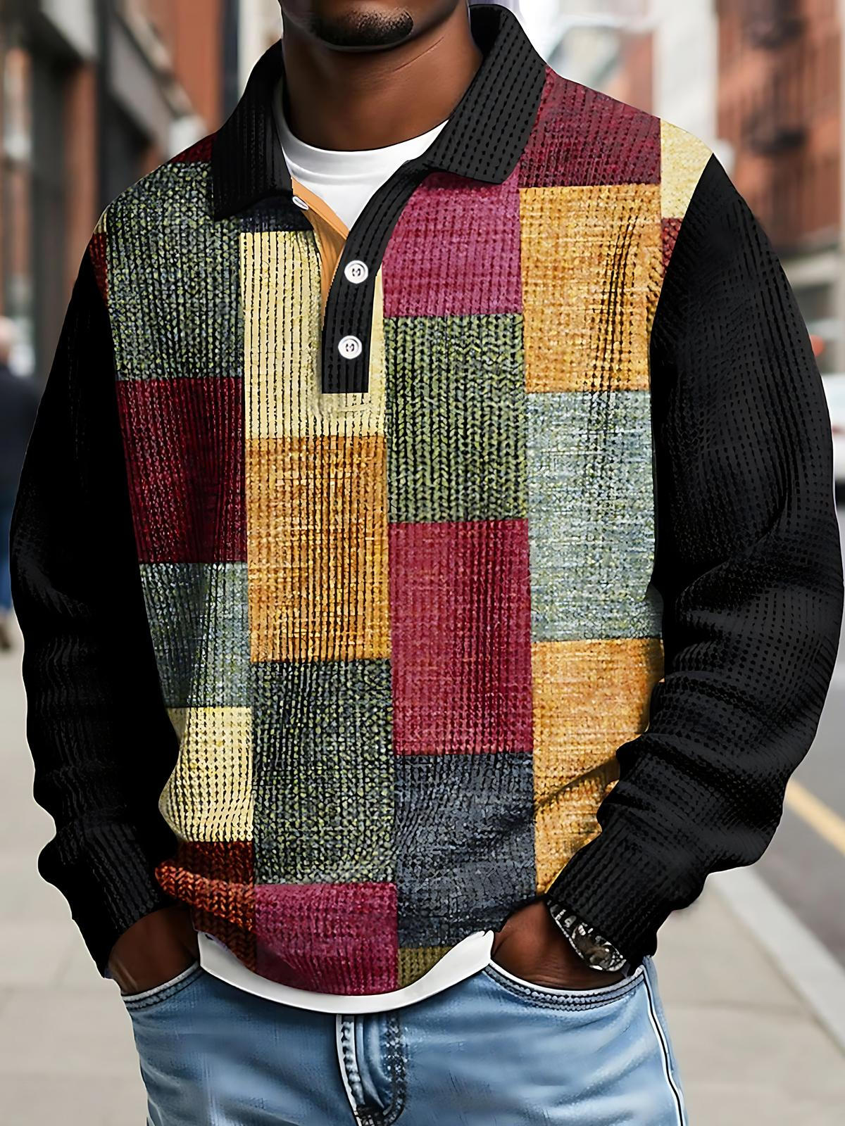 Geometric Block Print Men's Waffle Long Sleeve Button Polo