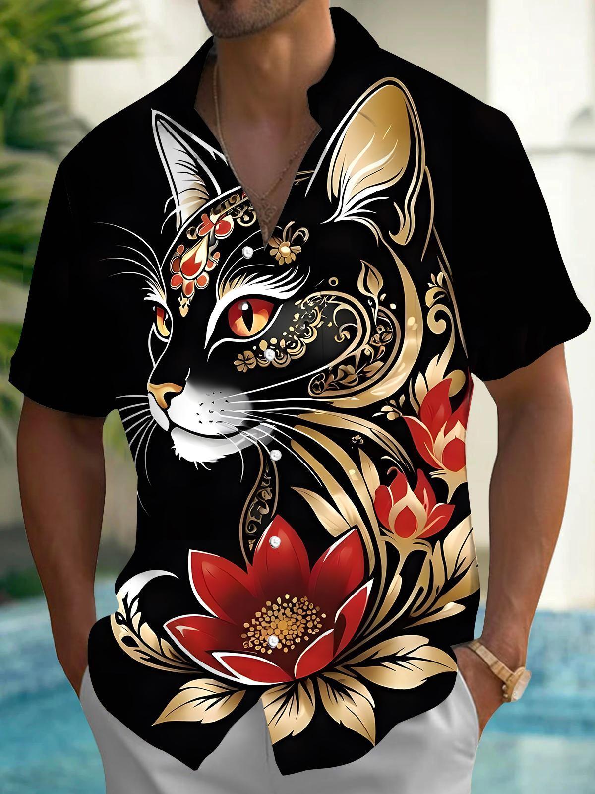 Cat Floral Men's Pocket Short Sleeve Shirts