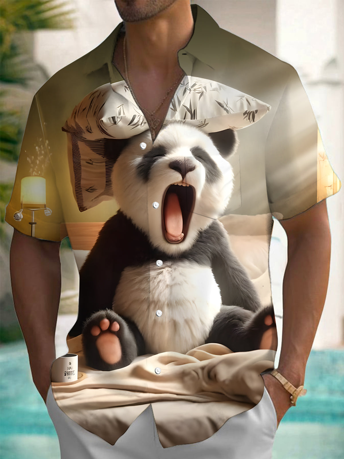 Panda Print Men's Pocket Short Sleeve Shirts