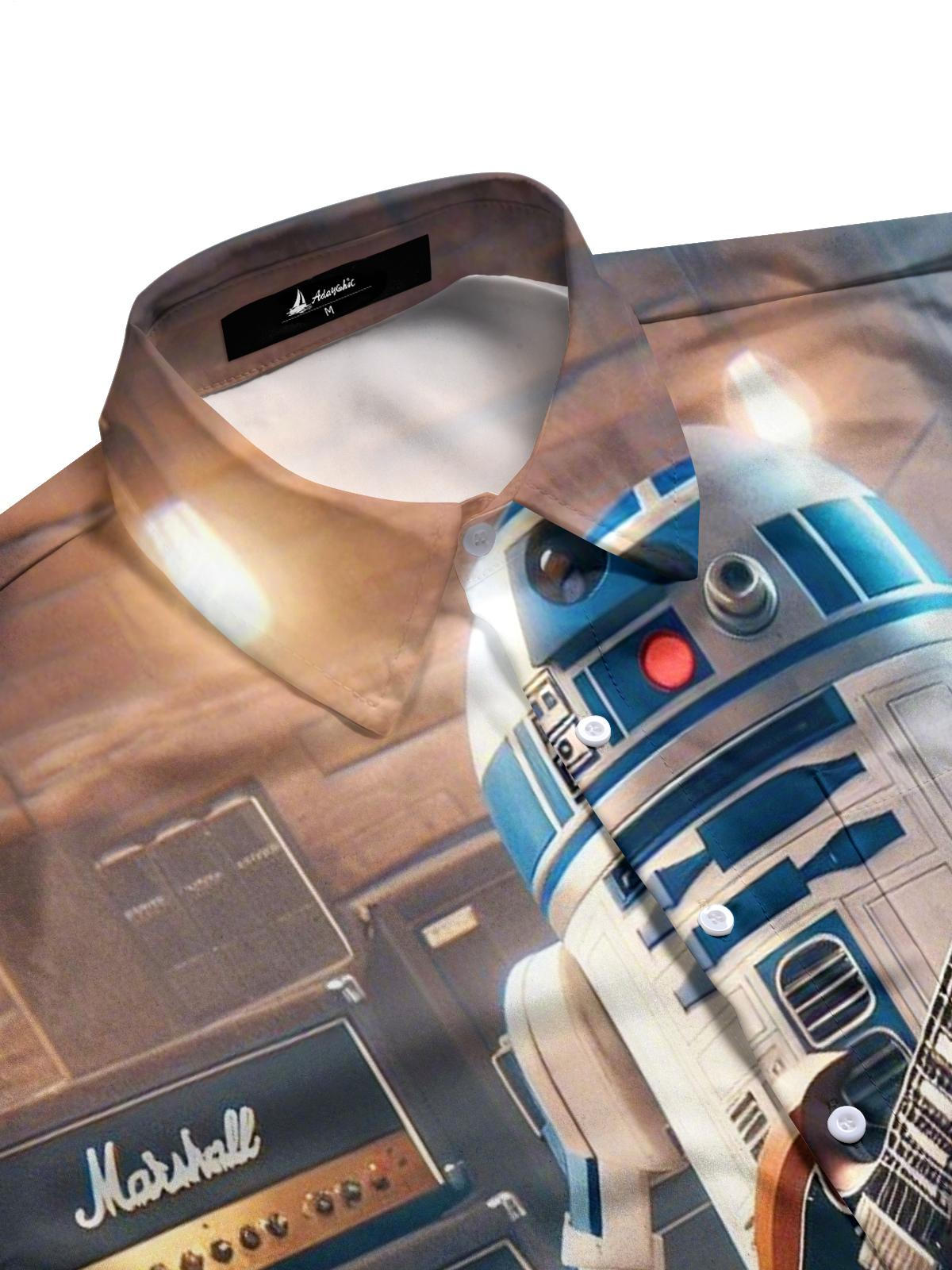 Robot Guitar Print Men's Pocket Short Sleeve Shirts