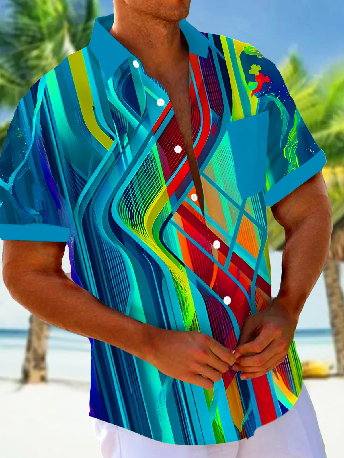 Colorful Line Geometry Men's Pocket Short Sleeve Shirts