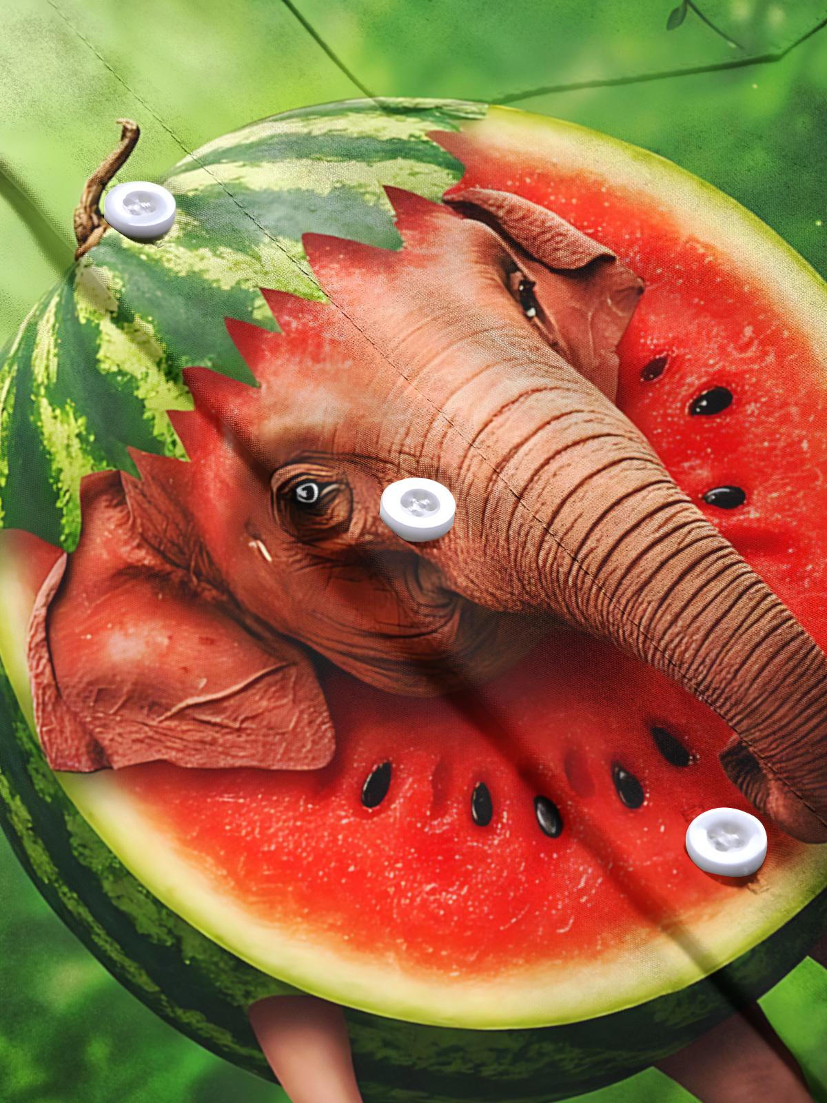 Elephant Watermelon Print Men's Pocket Short Sleeve Shirts