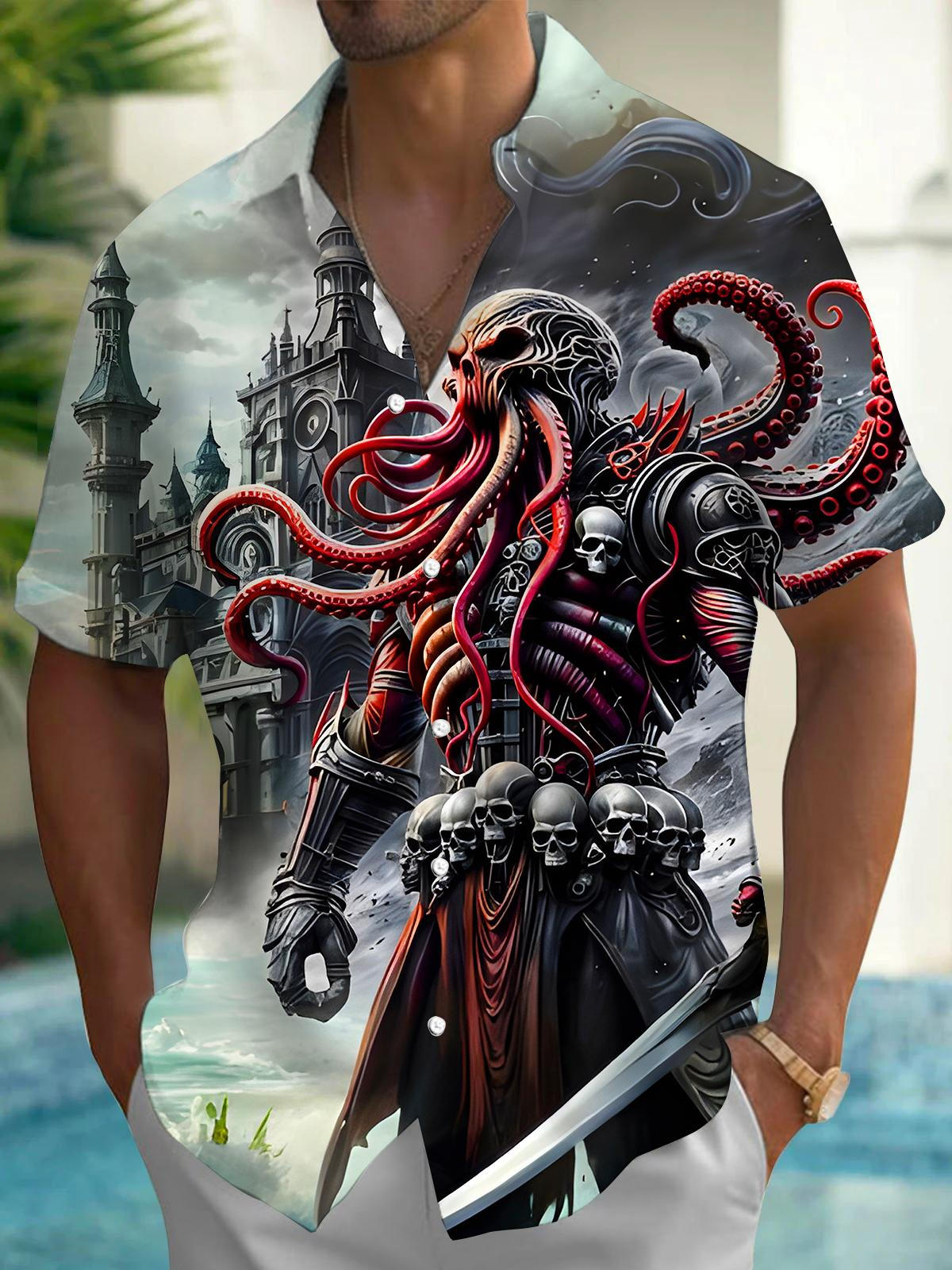 Dark Abstract Octopus Skull Men's Pocket Short Sleeve Shirts