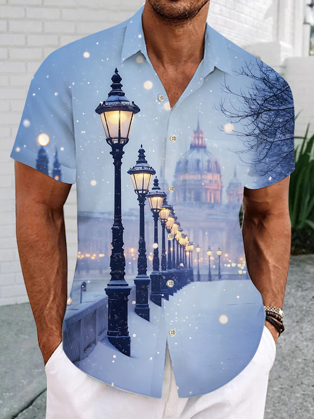 Winter Street Scene Print Men's Pocket Short Sleeve Shirts