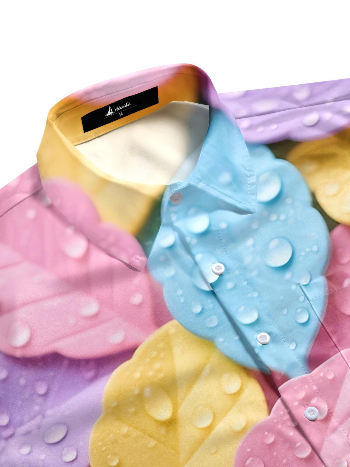 Colorful Leaf Print Men's Pocket Short Sleeve Shirts