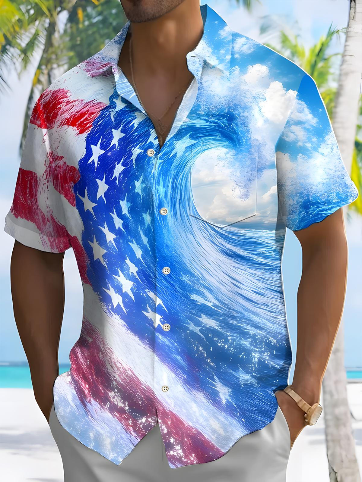American Flag Wave Print Men's Pocket Short Sleeve Shirts