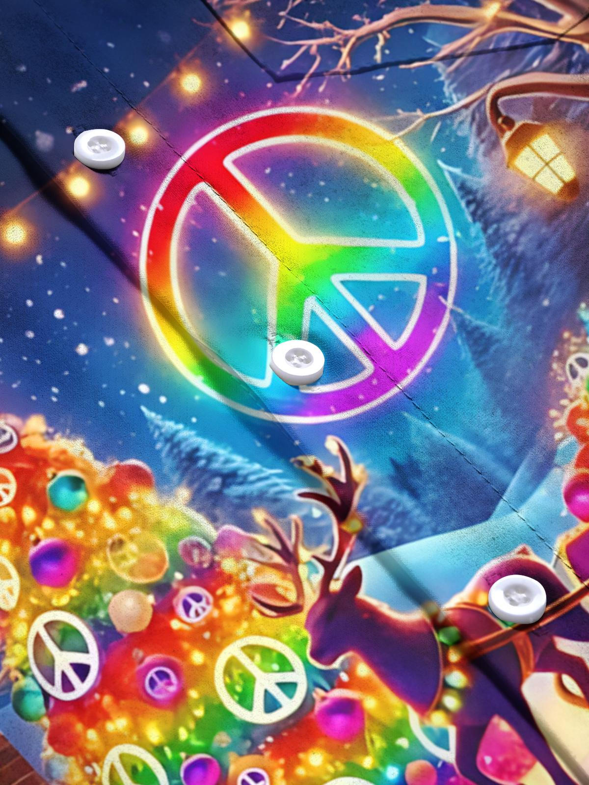 Peace Sign Christmas Tree Print Men's Pocket Long Sleeve Shirts